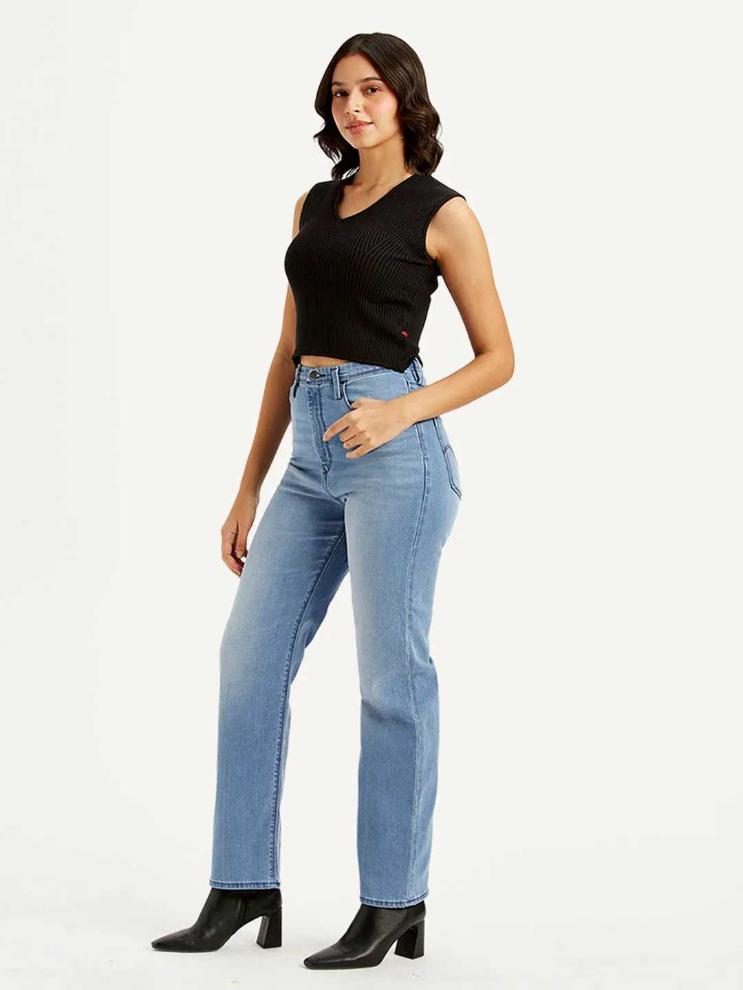 Neutral Vibrant Chill Outfit Women's Light Blue Ribcage Straight Fit High Rise Jeans