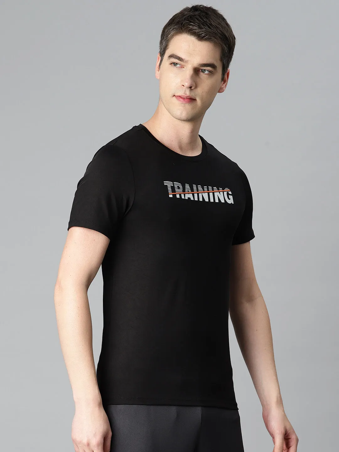 Alcis Men Black Typography Printed Anti Static Slim Fit Sports T-shirt Baby Soft