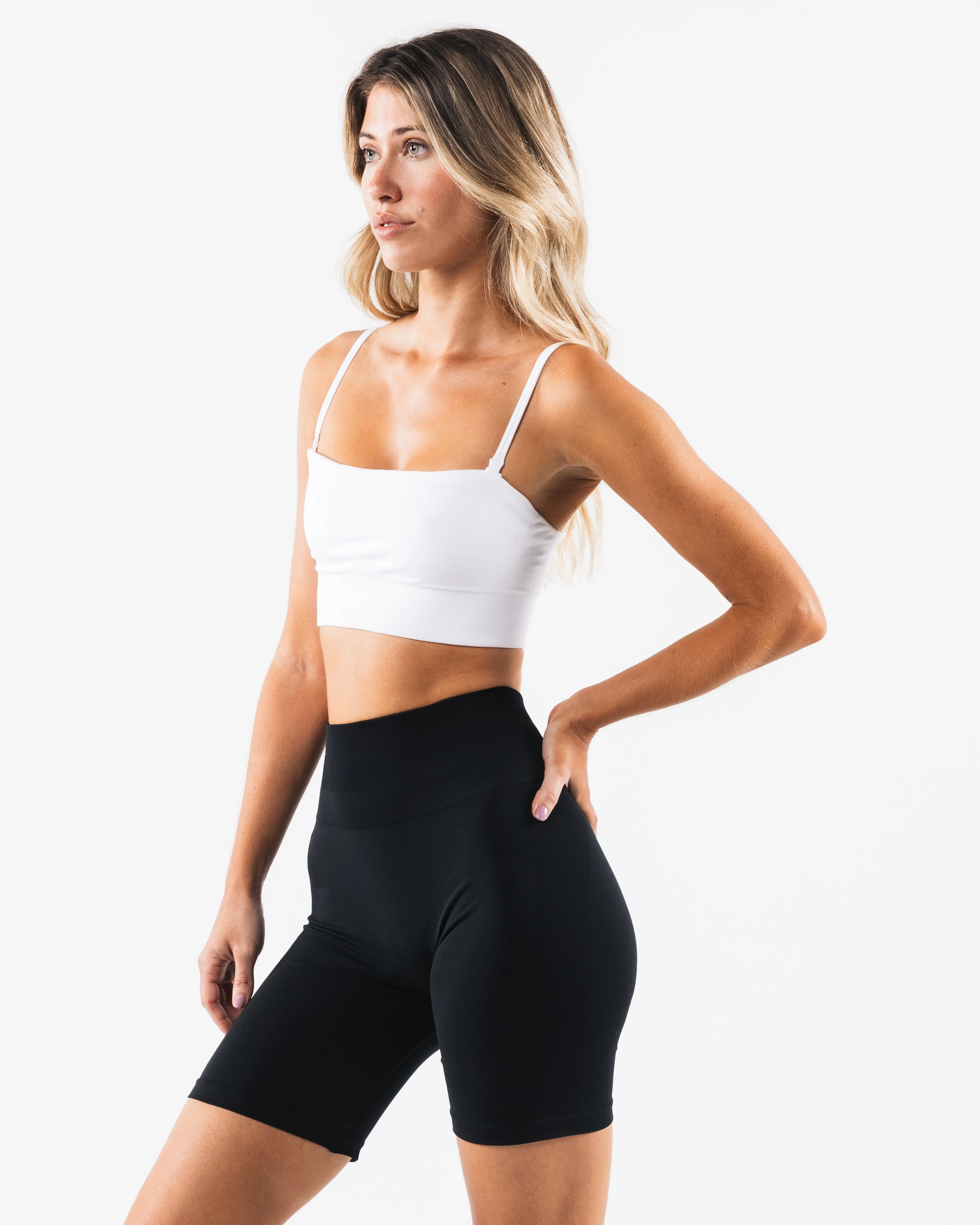 Amplify Gemini Bra - White Elastic cuffs seams Versatile Strap Configuration