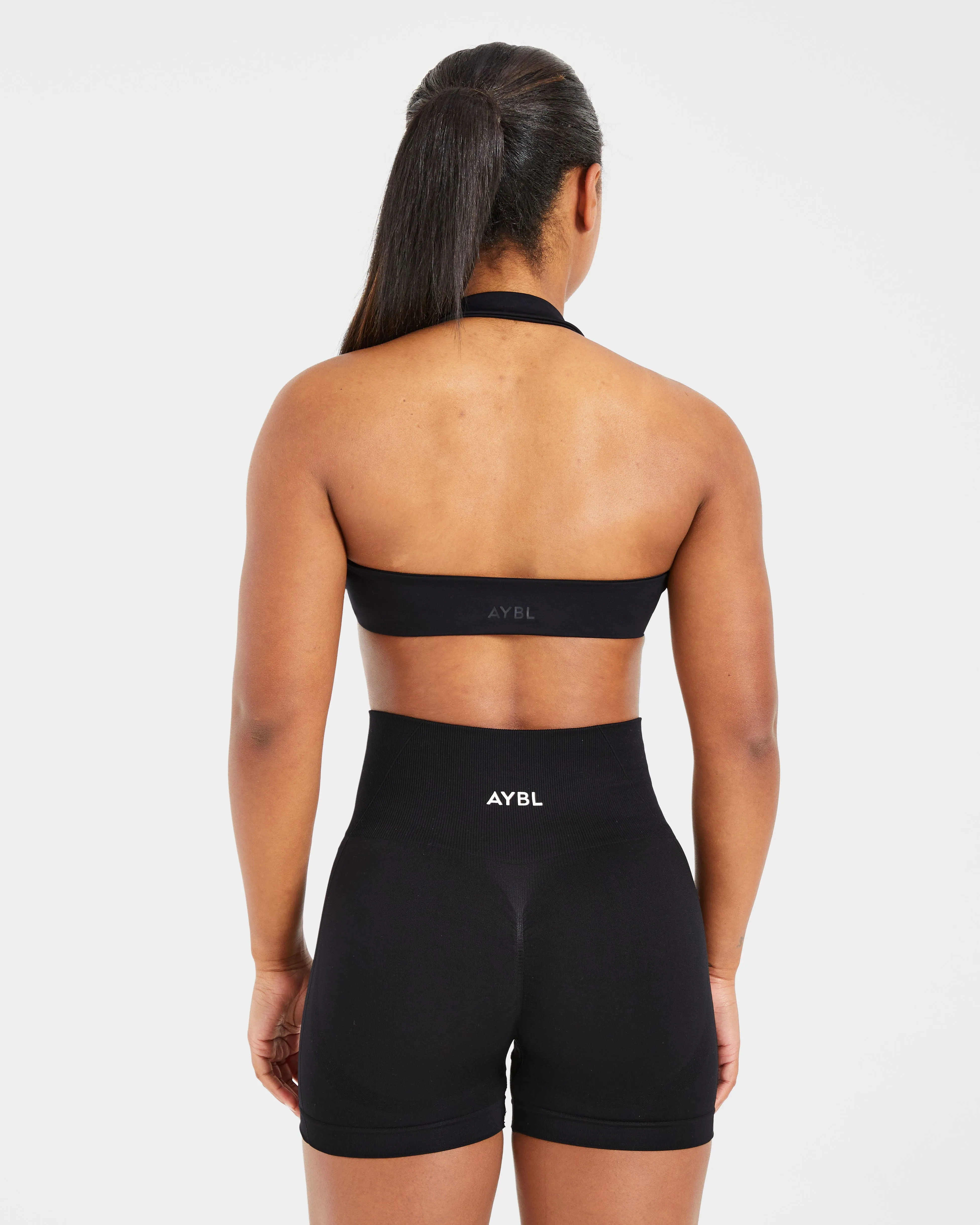 Soft Spandex geometric Essential Halterneck Sports Bra - Black