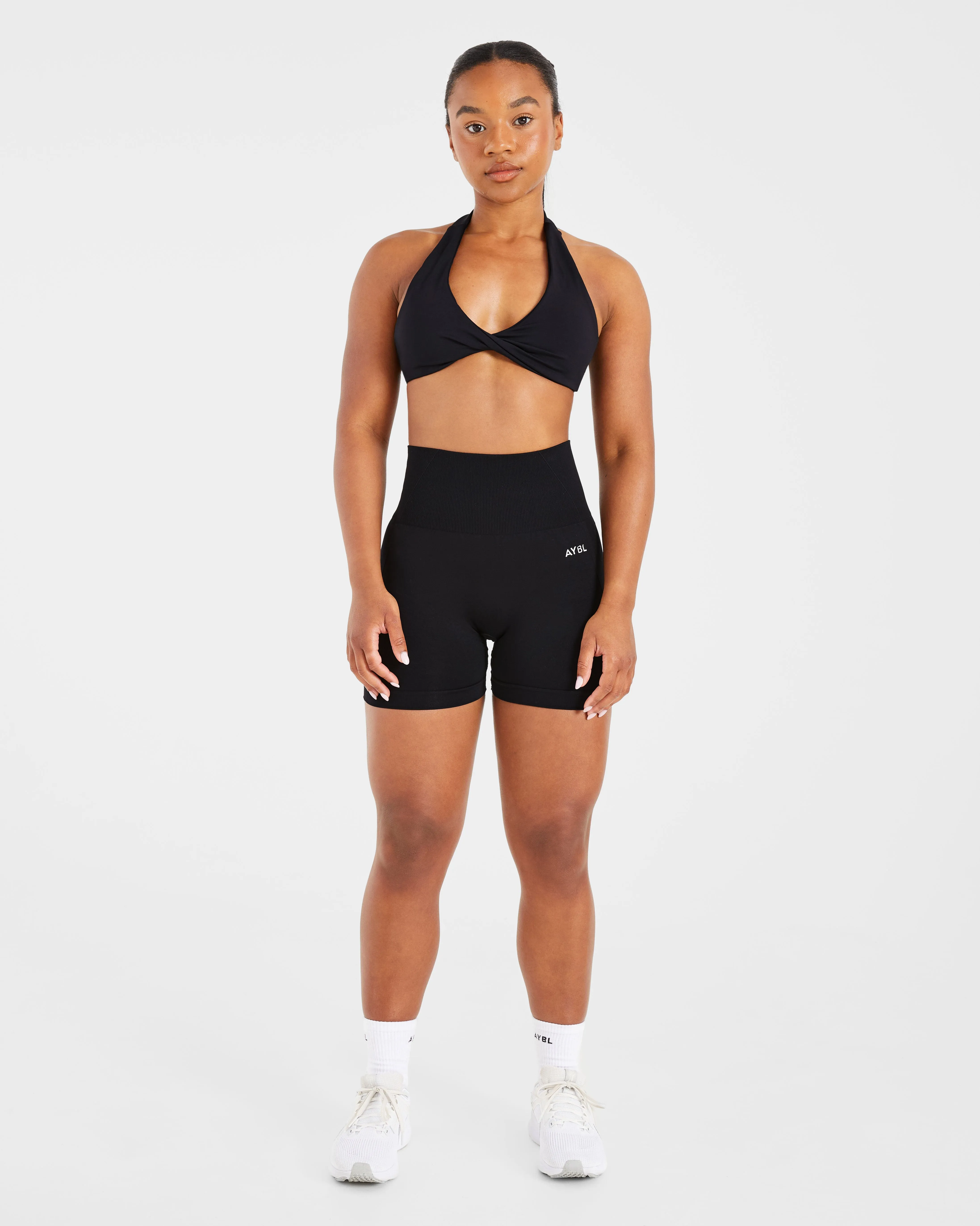 Essential Halterneck Sports Bra - Black Wide straps seams Neutral