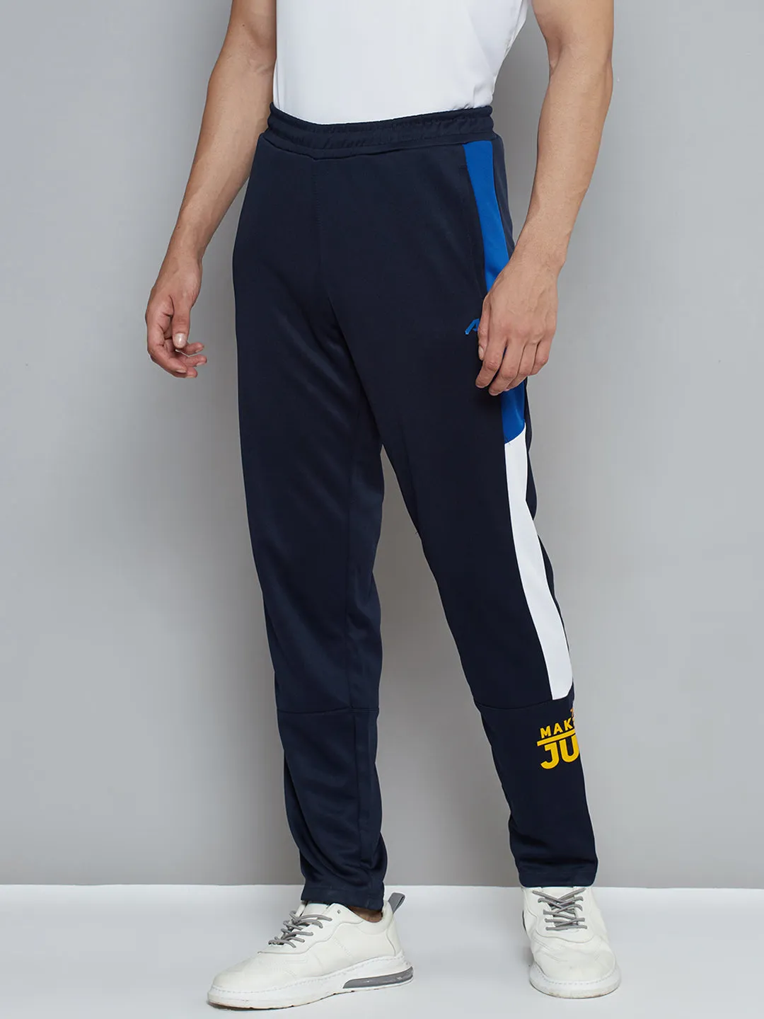 Sporty Style Multi Pocket Configuration Alcis Men Navy Blue Typography Print Slim Fit Running Track Pants
