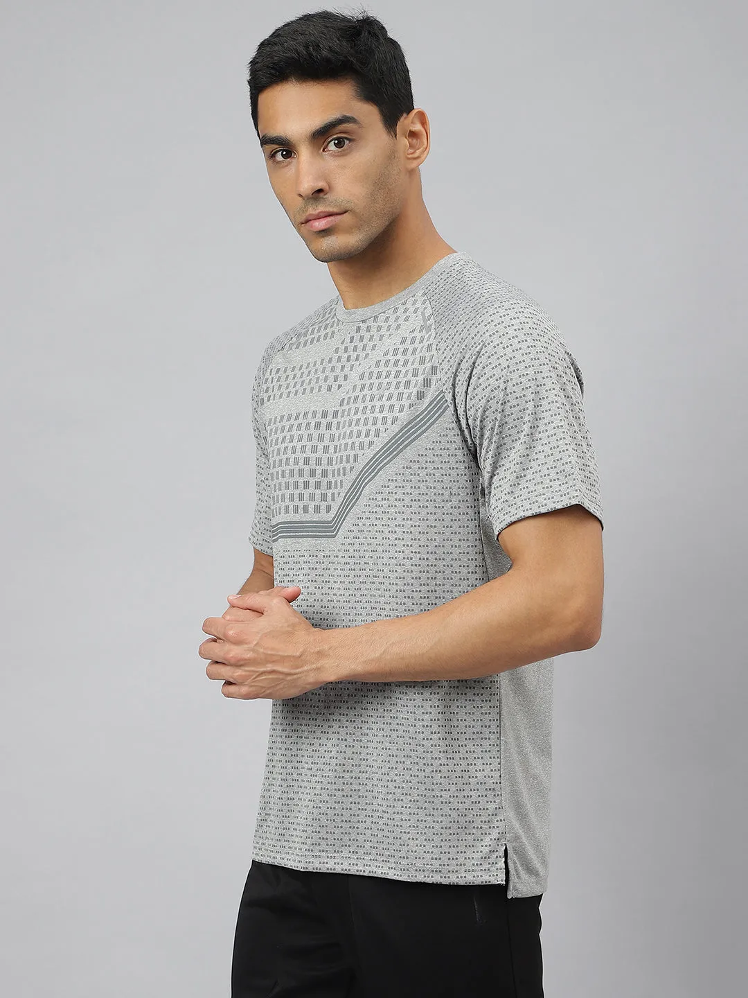 Alcis Men Light Grey Heather Anti-Static Slim-Fit Round Neck Distance Running T-Shirt ElasticWaistband