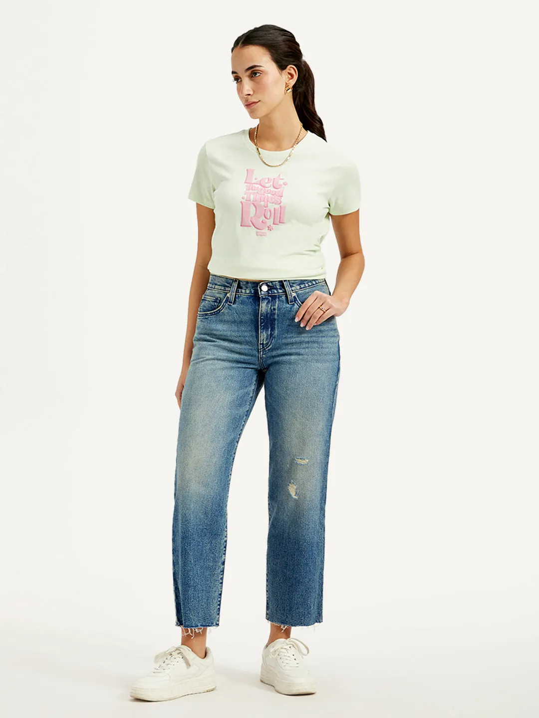 Women's 94 Blue Baggy Fit High Rise Jeans Anti Static Treatment Textured Versatile Shopping Day