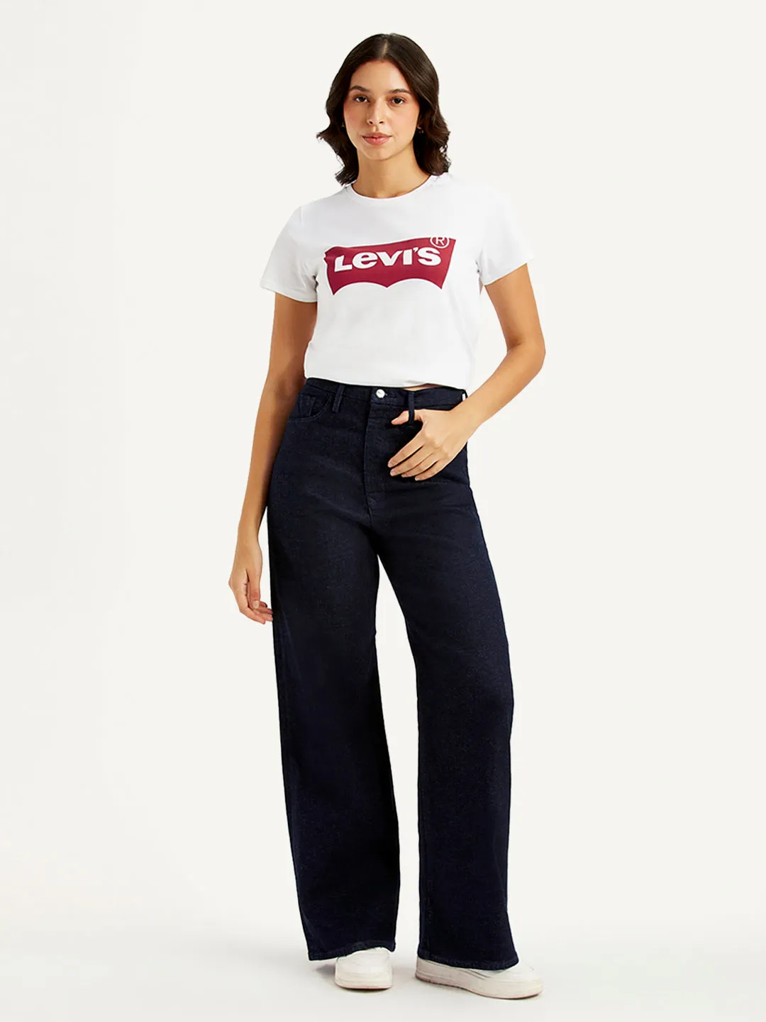 Women's Navy Blue Ribcage Bell Bottom Wide Leg Fit High Rise Jeans Casual Friday Elegant Casual Outfit Ease
