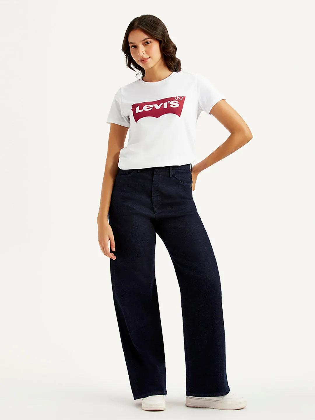 Women's Navy Blue Ribcage Bell Bottom Wide Leg Fit High Rise Jeans Natural Look