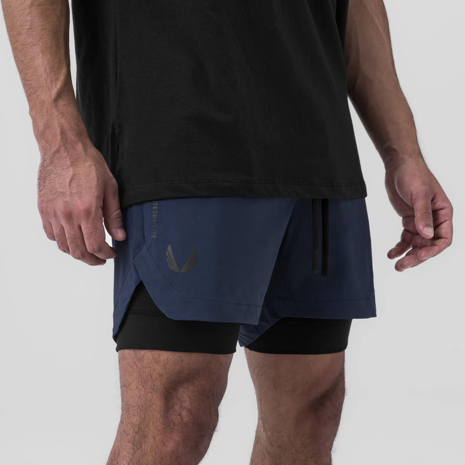0865. Tetra-Lite? 5" Liner Short - Navy "Wings"/Black Bold colors Double Needle Stitching