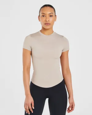 High Durability Stitching Travel-Ready Sculpt T Shirt - Latte Stretch waistband