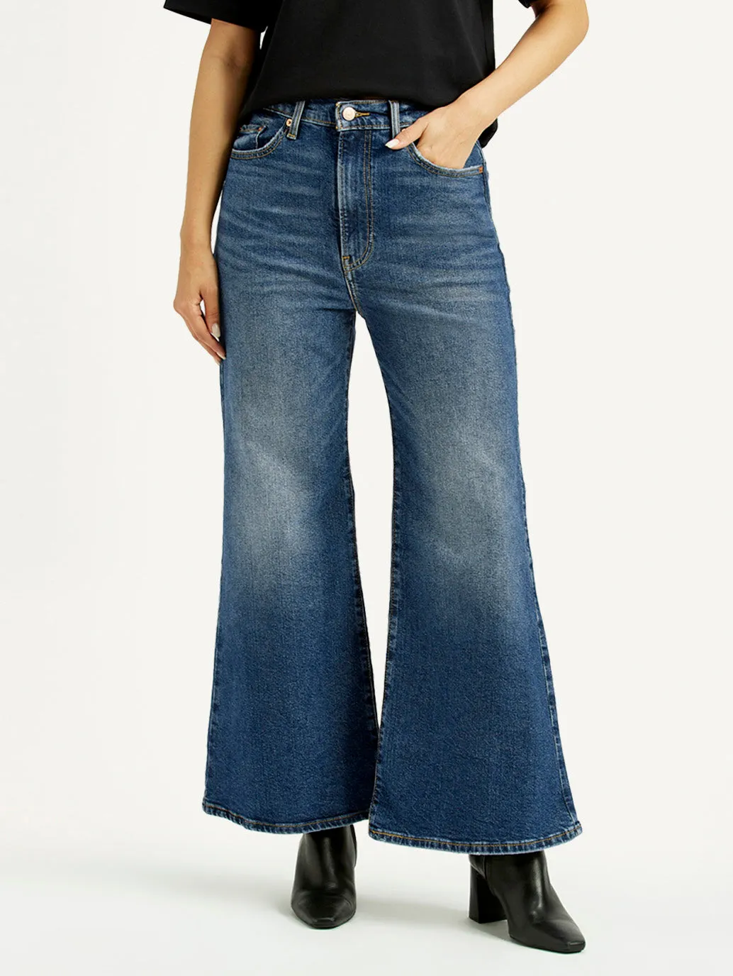 Women's Blue Ribcage Bell Bottom Flared Fit Mid Rise Jeans Classic Look
