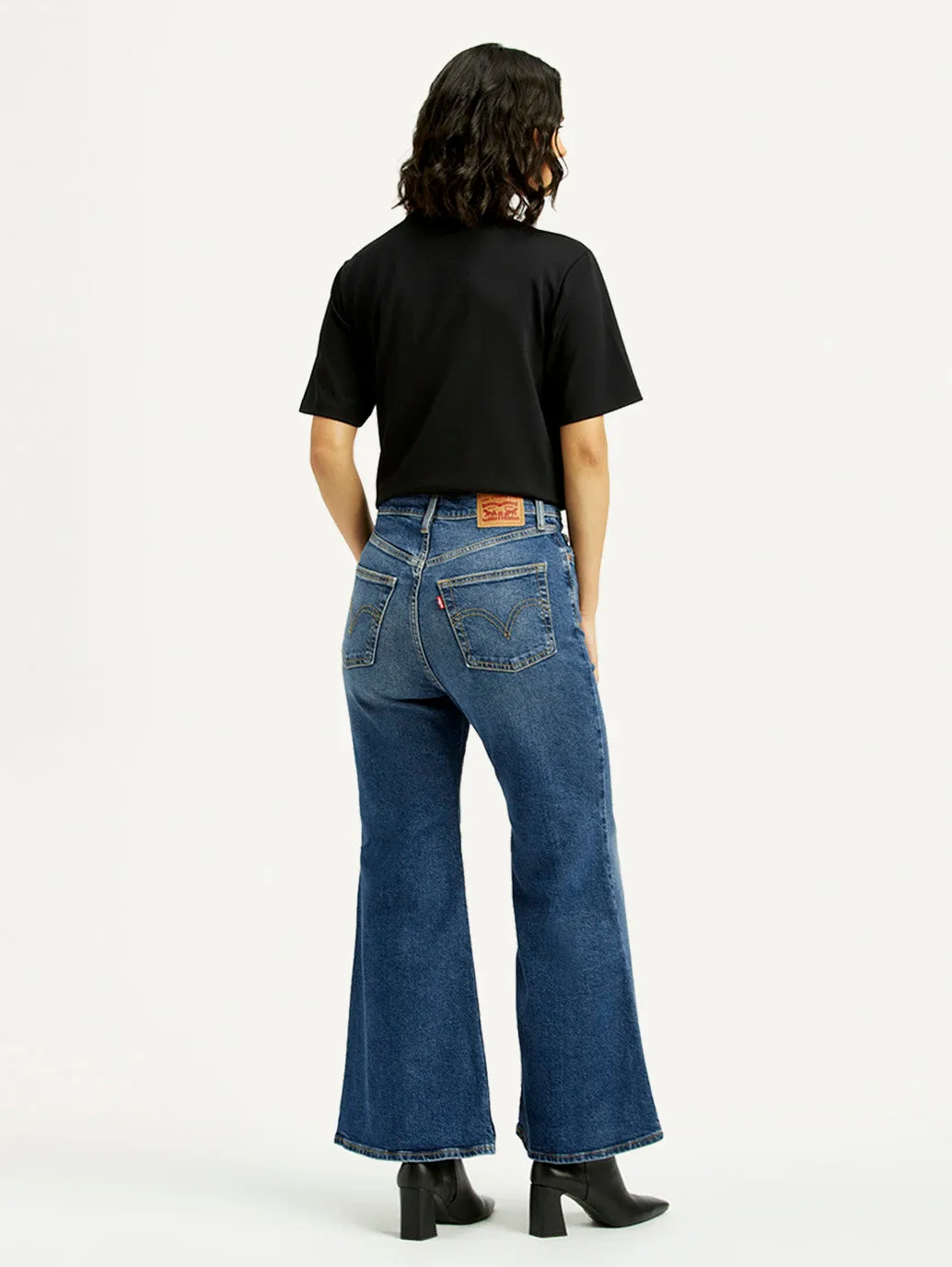 Women's Blue Ribcage Bell Bottom Flared Fit Mid Rise Jeans No Gap Waistband