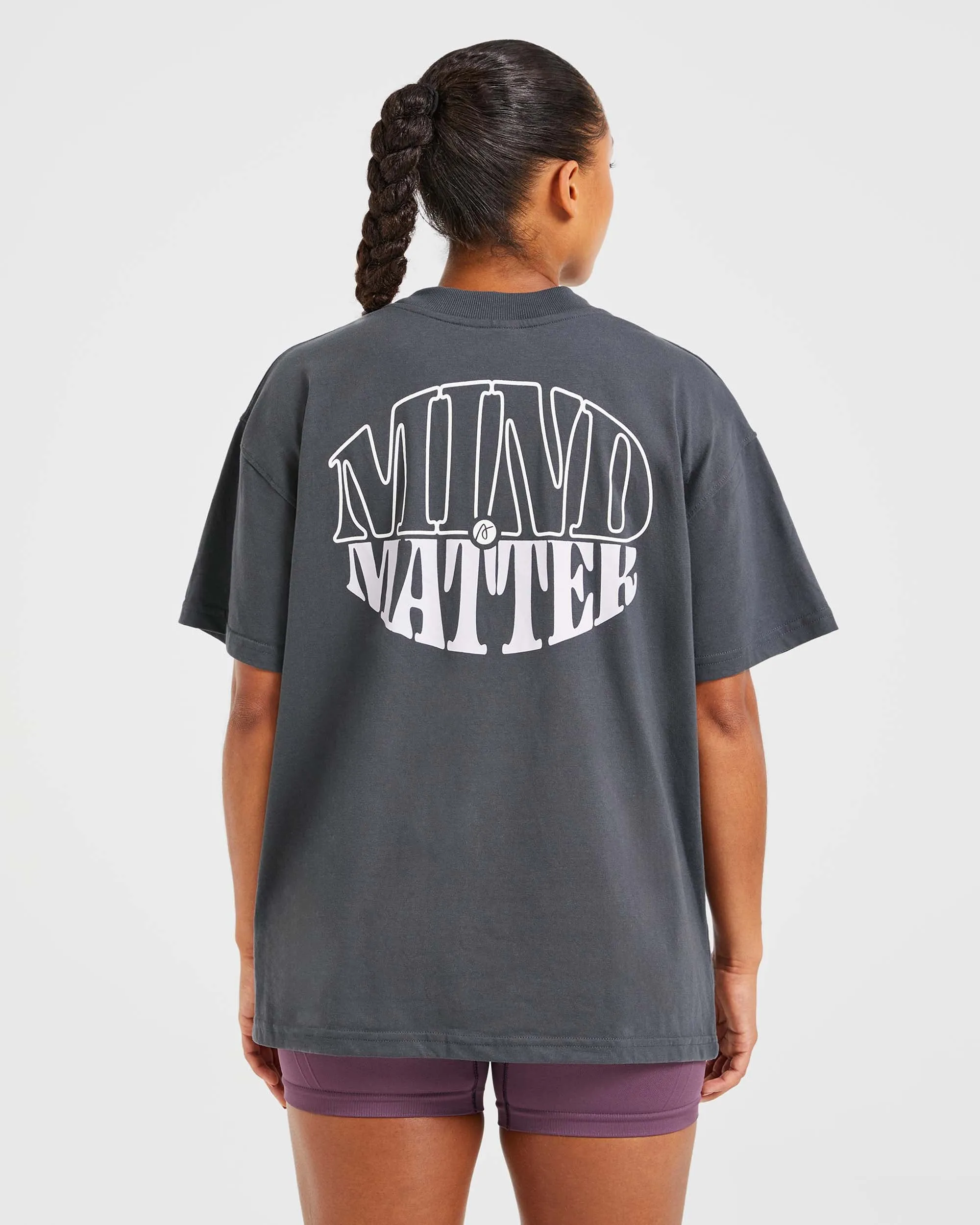 Mind Over Matter Oversized T Shirt - Charcoal/Lilac Flat Front Design Elastic Cuff