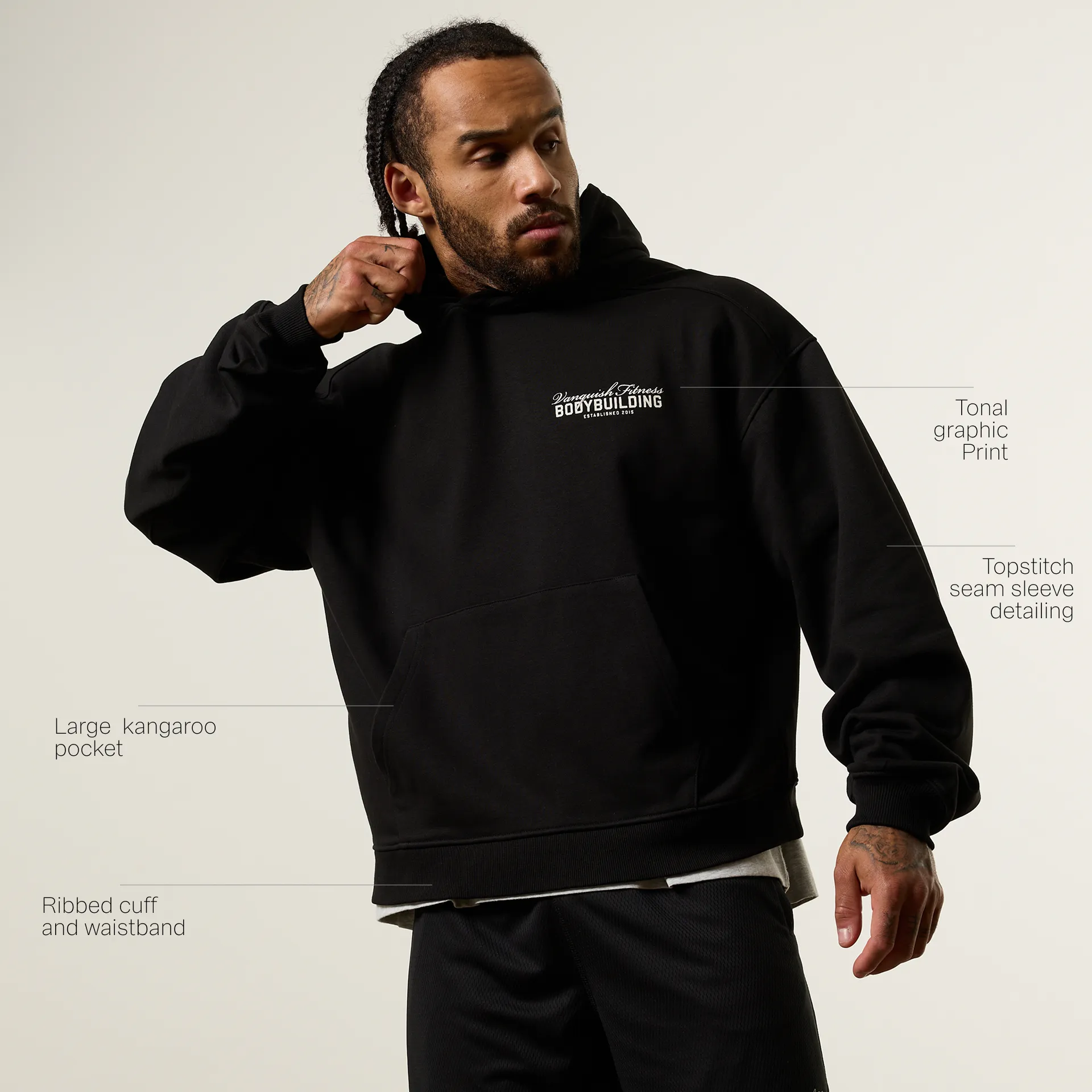 Vanquish Bodybuilding Black Oversized Boxy Pullover Hoodie Preppy Style
