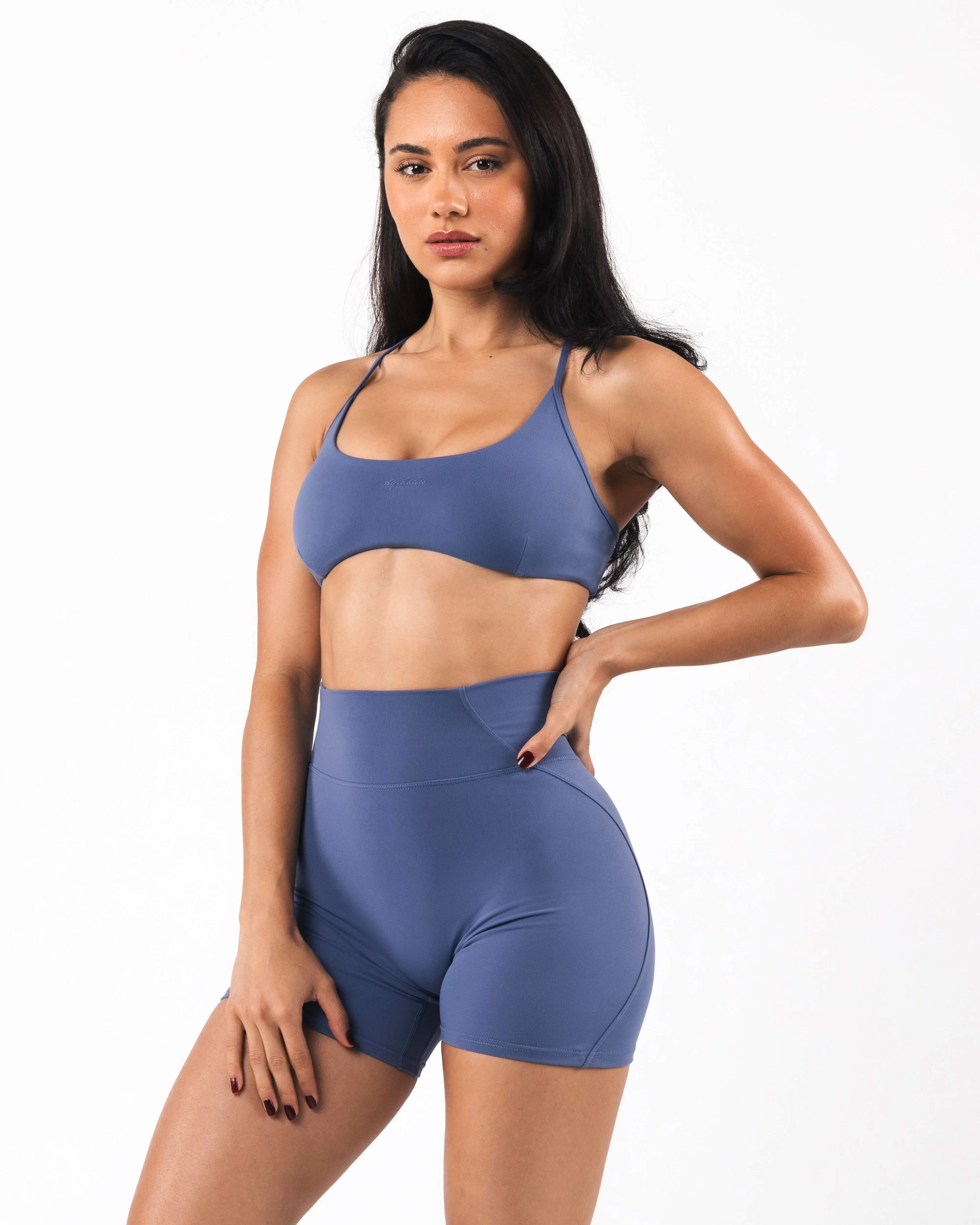 Aura Strappy Bra - Dusty Blue Zigzag stitching