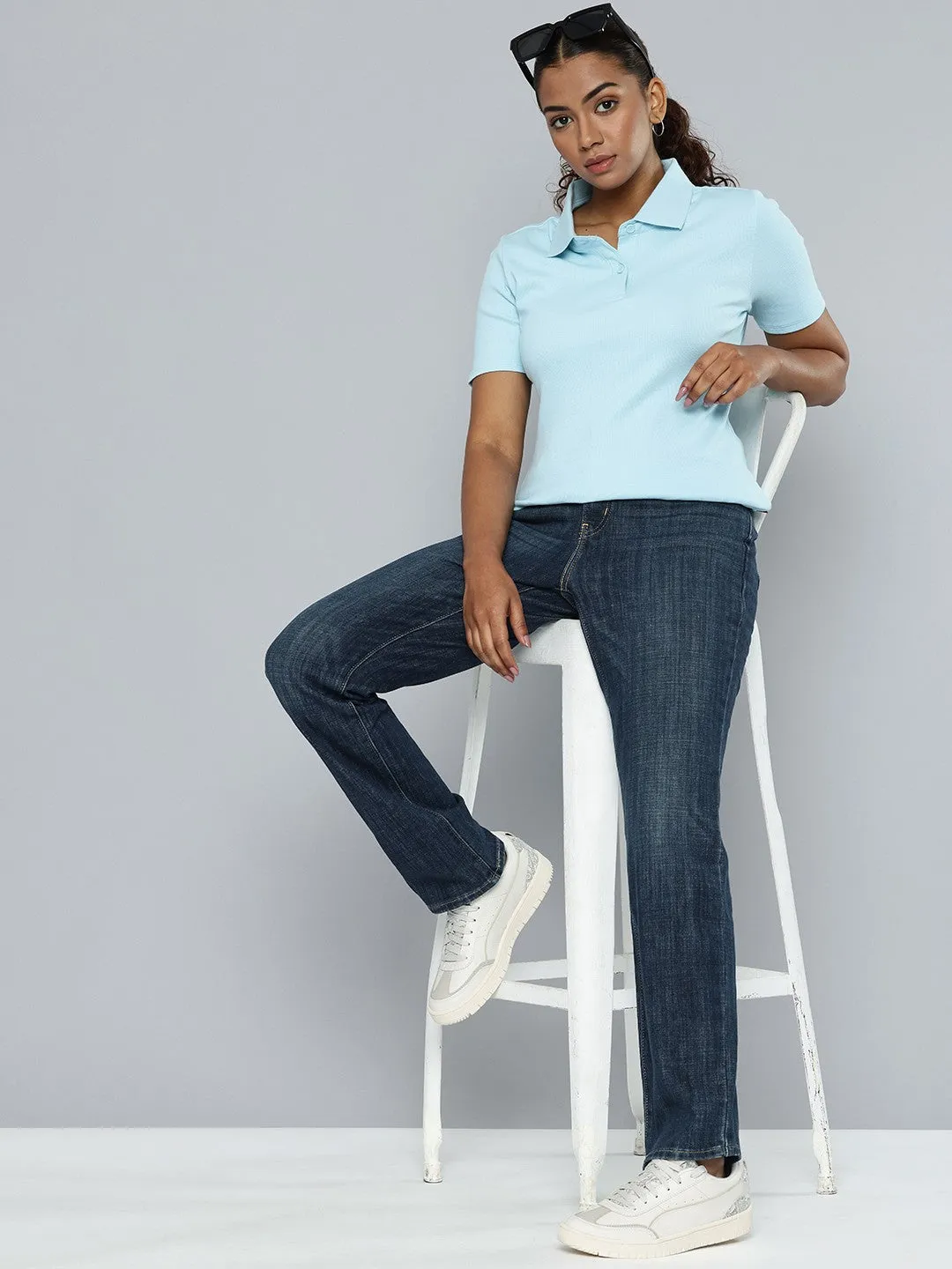 Simple Match Women's 724 Blue Straight Fit High Rise Jeans