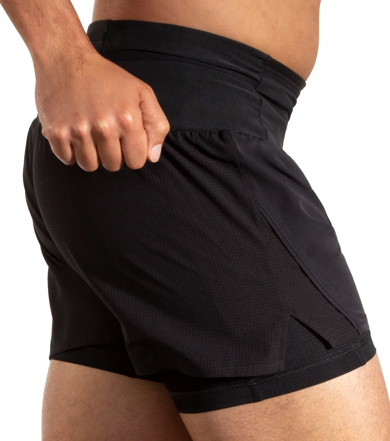 Brooks 5 Inch High Point 2.0 2 In 1 Mens Running Shorts - Black Secure Pocket Zippers Wear Resistant Fabric