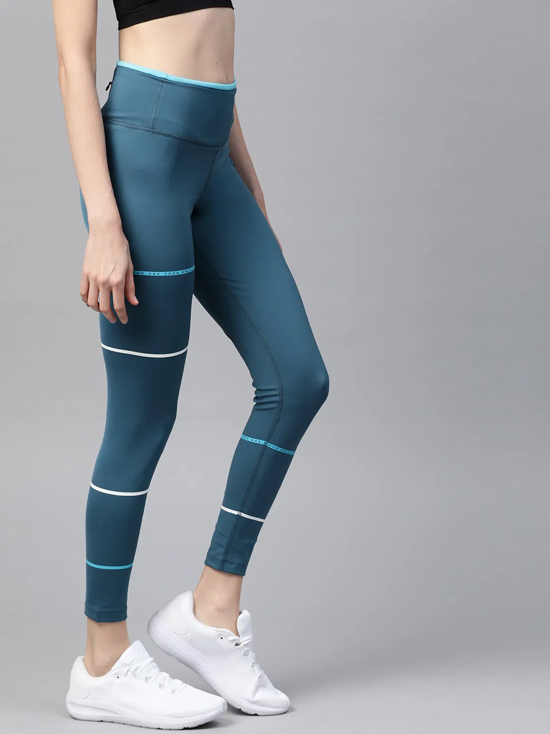 All Ages Double Layer Alcis Women Teal Blue Solid Cropped Tights