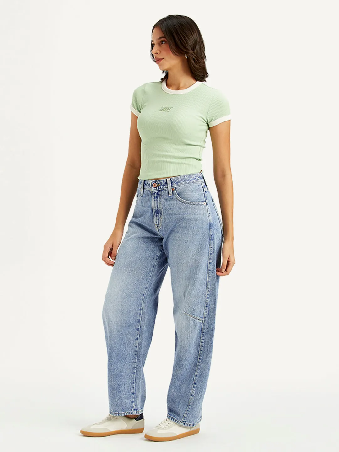 Breathable Feel Women's Light Blue Baggy Dad Barrel Fit Mid Rise Jeans