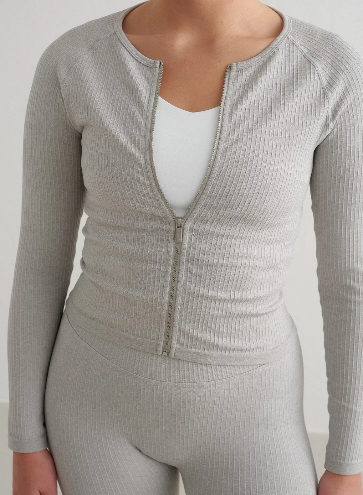 Grey Melange Ribbed Seamless Zip Jacket Anti Pilling Technology Faux
