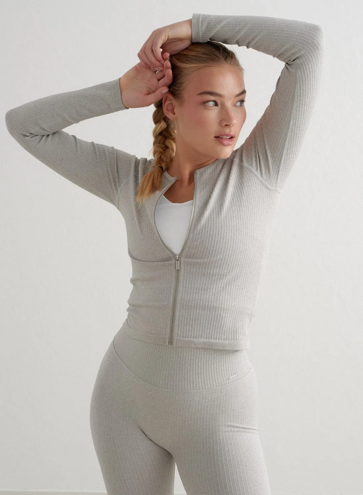 Grey Melange Ribbed Seamless Zip Jacket Cuffed