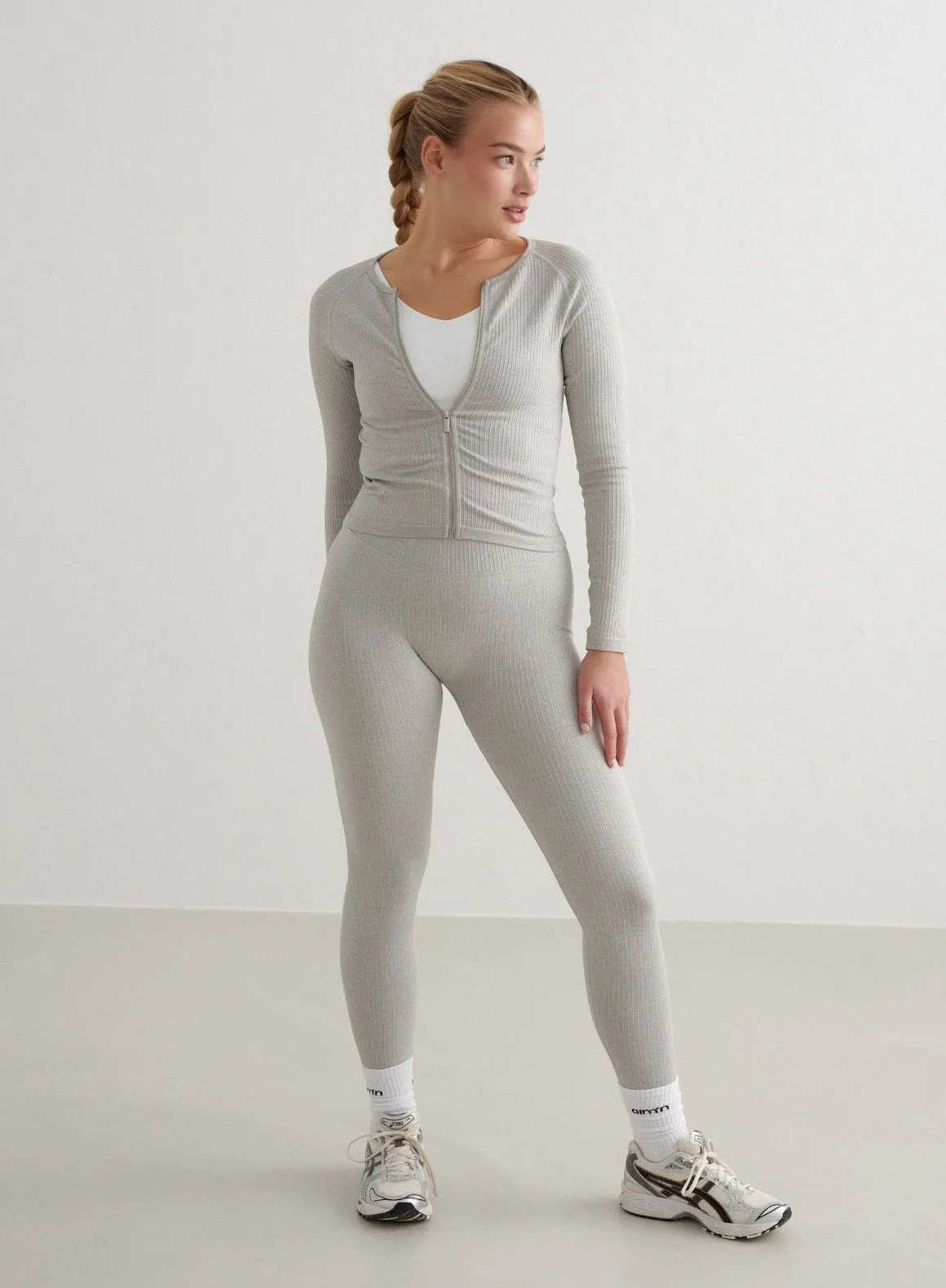 colorful Grey Melange Ribbed Seamless Zip Jacket