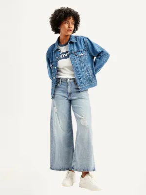 Fashion Lover Youth Style Smooth Women's 94 Blue Baggy Wide Leg Fit Mid Rise Jeans