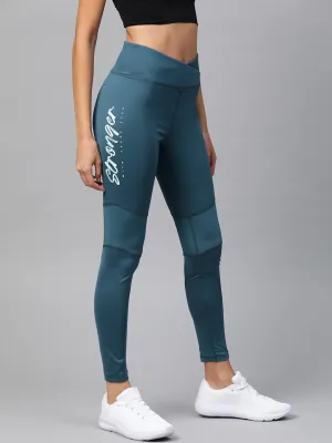 Stretch Fit Yoga Class Alcis Women Teal Blue Solid Tights with Printed Detail