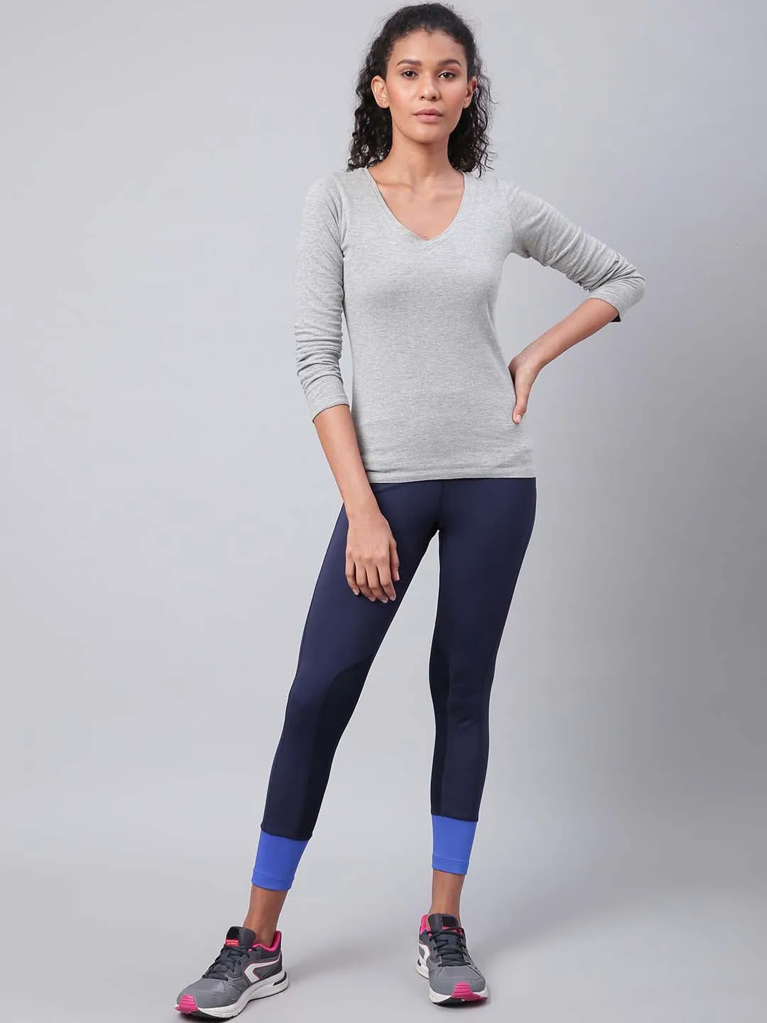 Alcis Women Navy Blue Secure Fit Solid Cropped Training Tights Anti Odor Evening Walk Butt Lifting Design