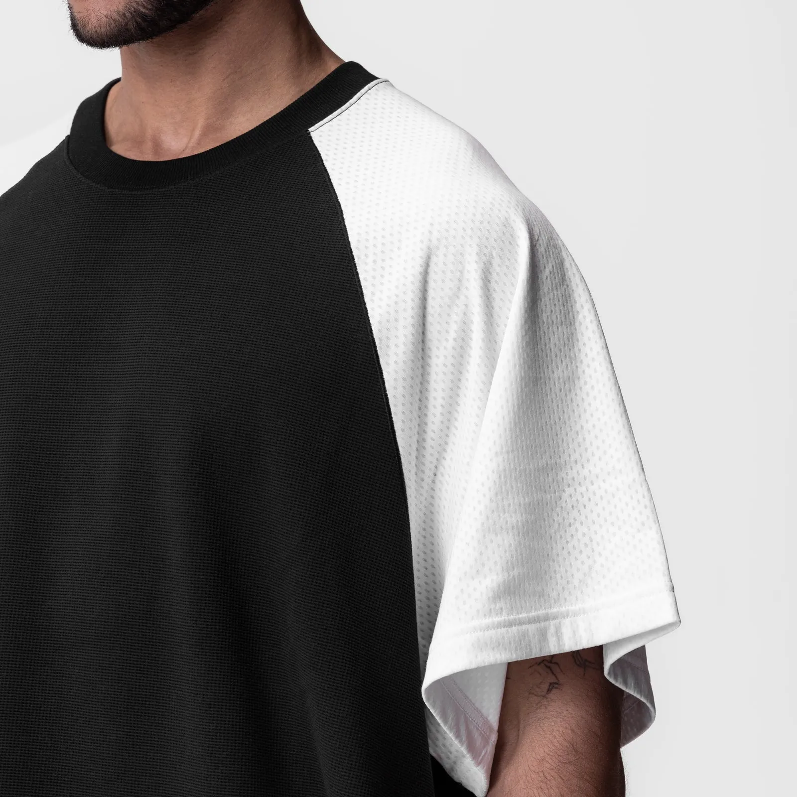 0946. Waffle Knit Oversized Tee - Black/White Chic Fashion Boat neck style