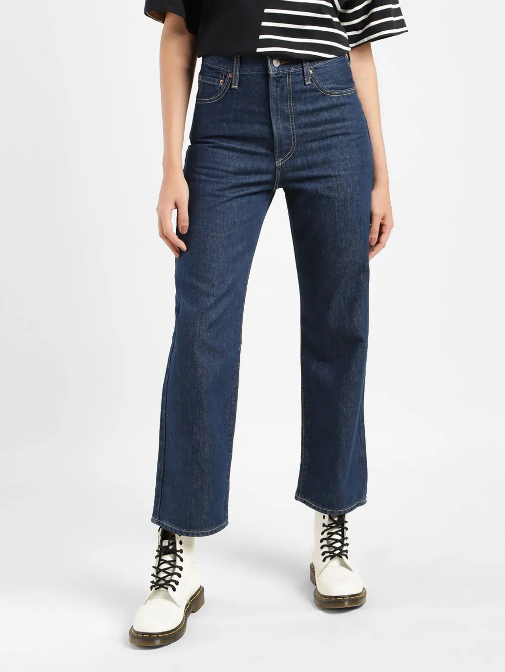 Women's Navy Blue Ribcage Straight Ankle Fit Mid Rise Jeans Autumn Days Family Style Eco Friendly