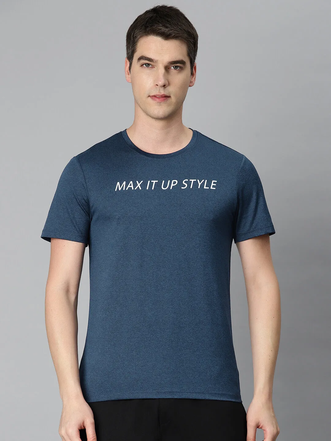 Alcis Men Navy Blue Typography Printed Anti Static Slim Fit Sports T-shirt CompressiveFitFabric