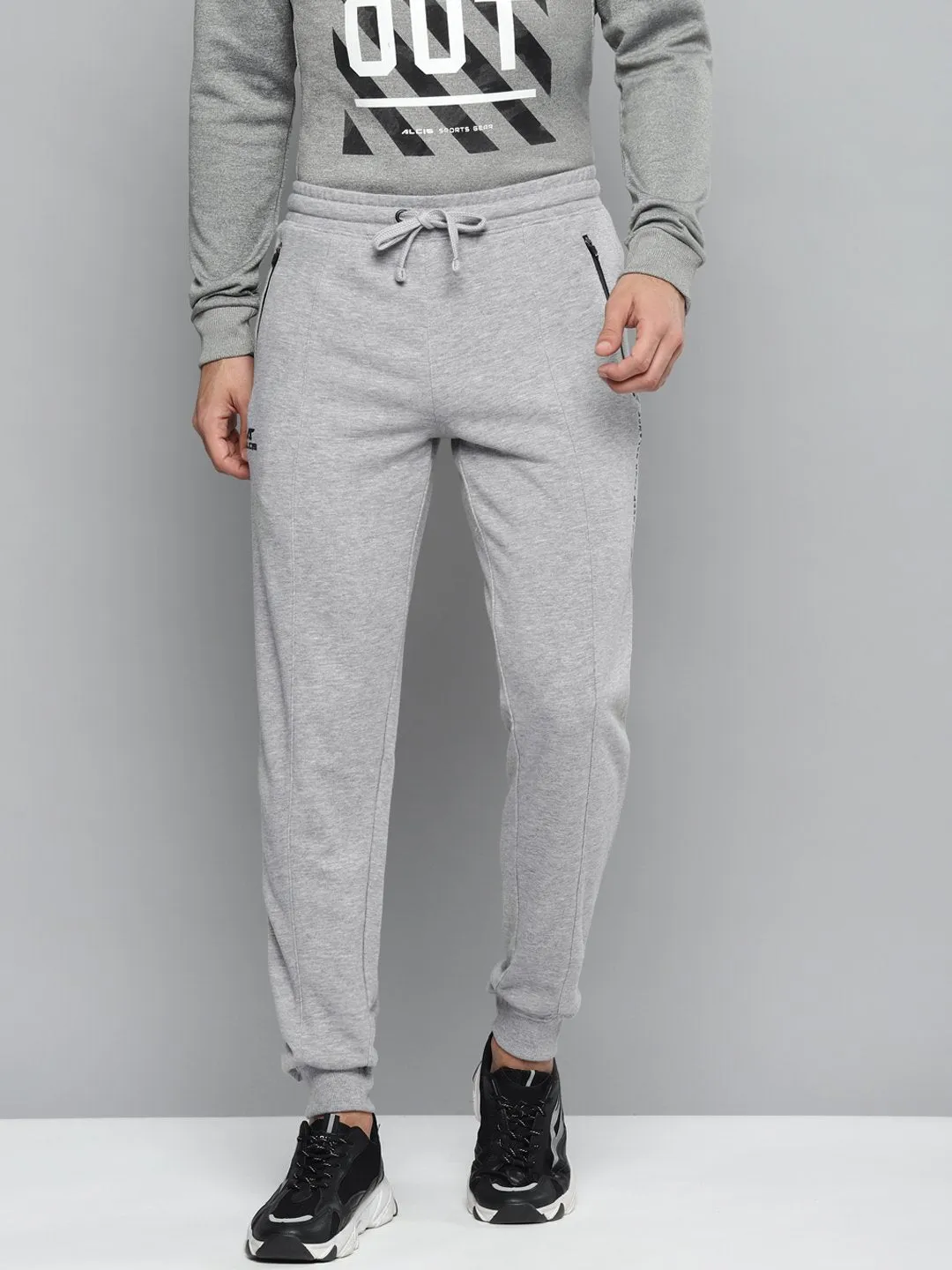 Alcis Men Grey Melange Solid Slim Fit Joggers Rubberized grip