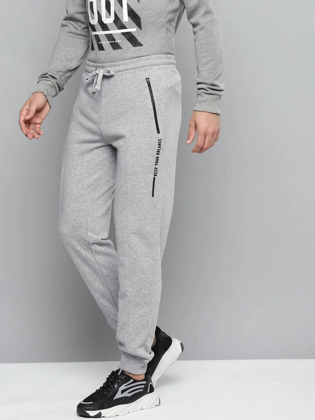 Smart Style Embroidered Detail Alcis Men Grey Melange Solid Slim Fit Joggers