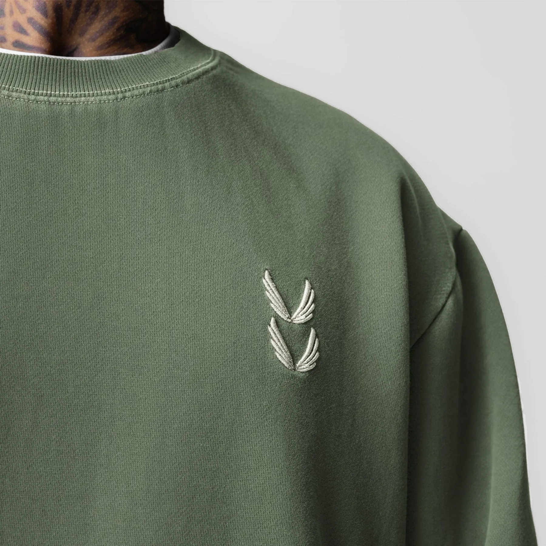 0861. Tech Essential? Distressed Crewneck - Faded Olive Hamster like