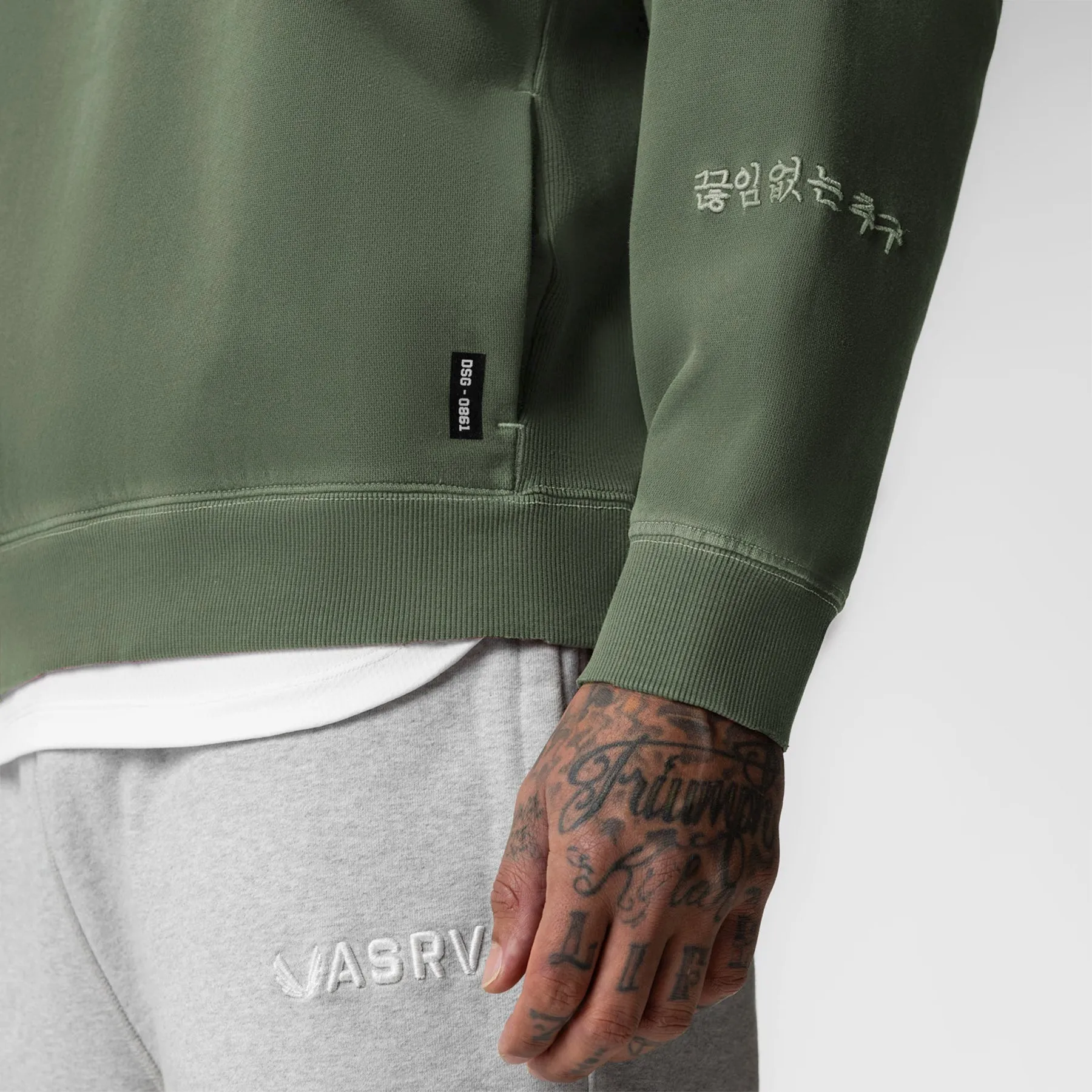 0861. Tech Essential? Distressed Crewneck - Faded Olive Non Restrictive Cut Suede Feel