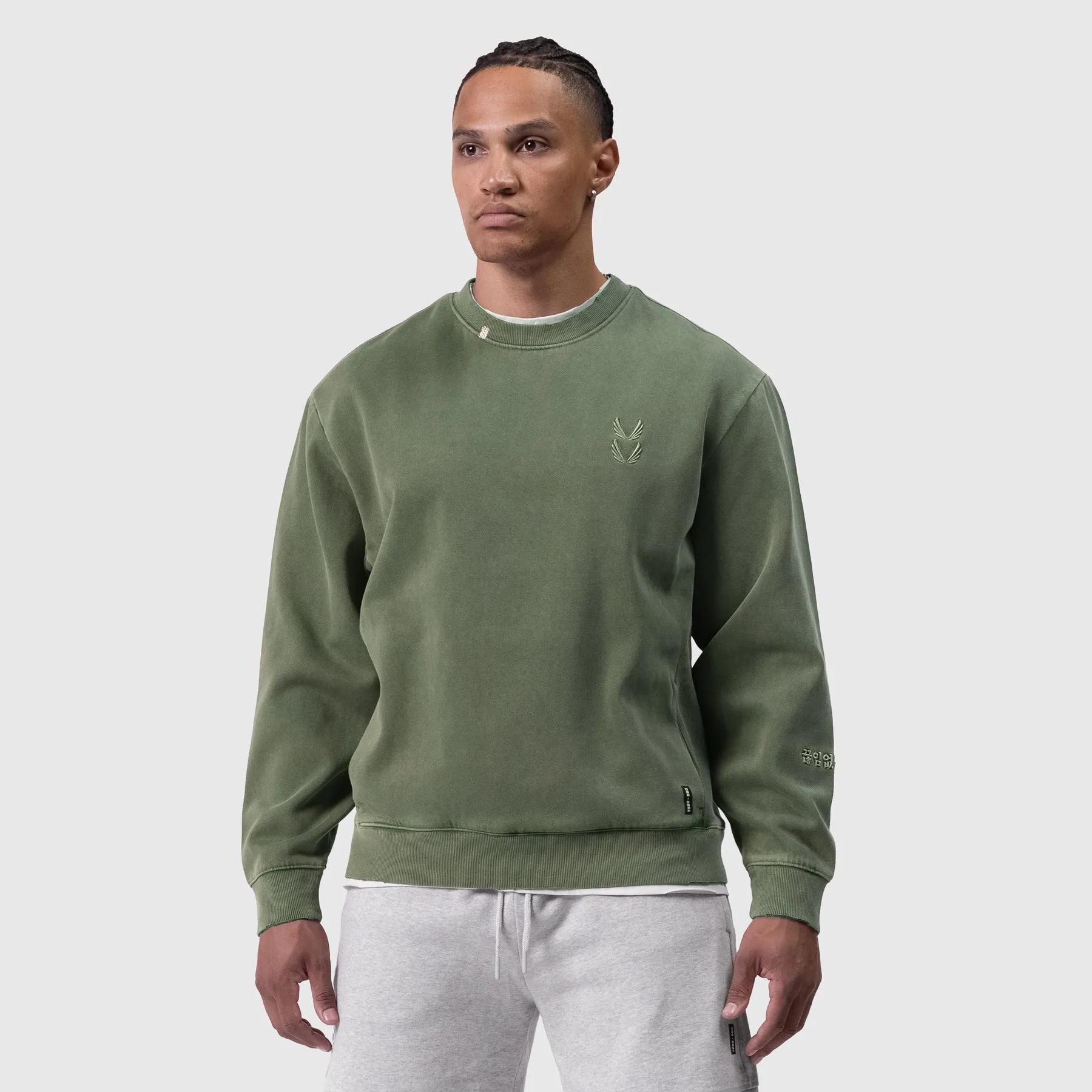 Vintage Wash Effect 0861. Tech Essential? Distressed Crewneck - Faded Olive
