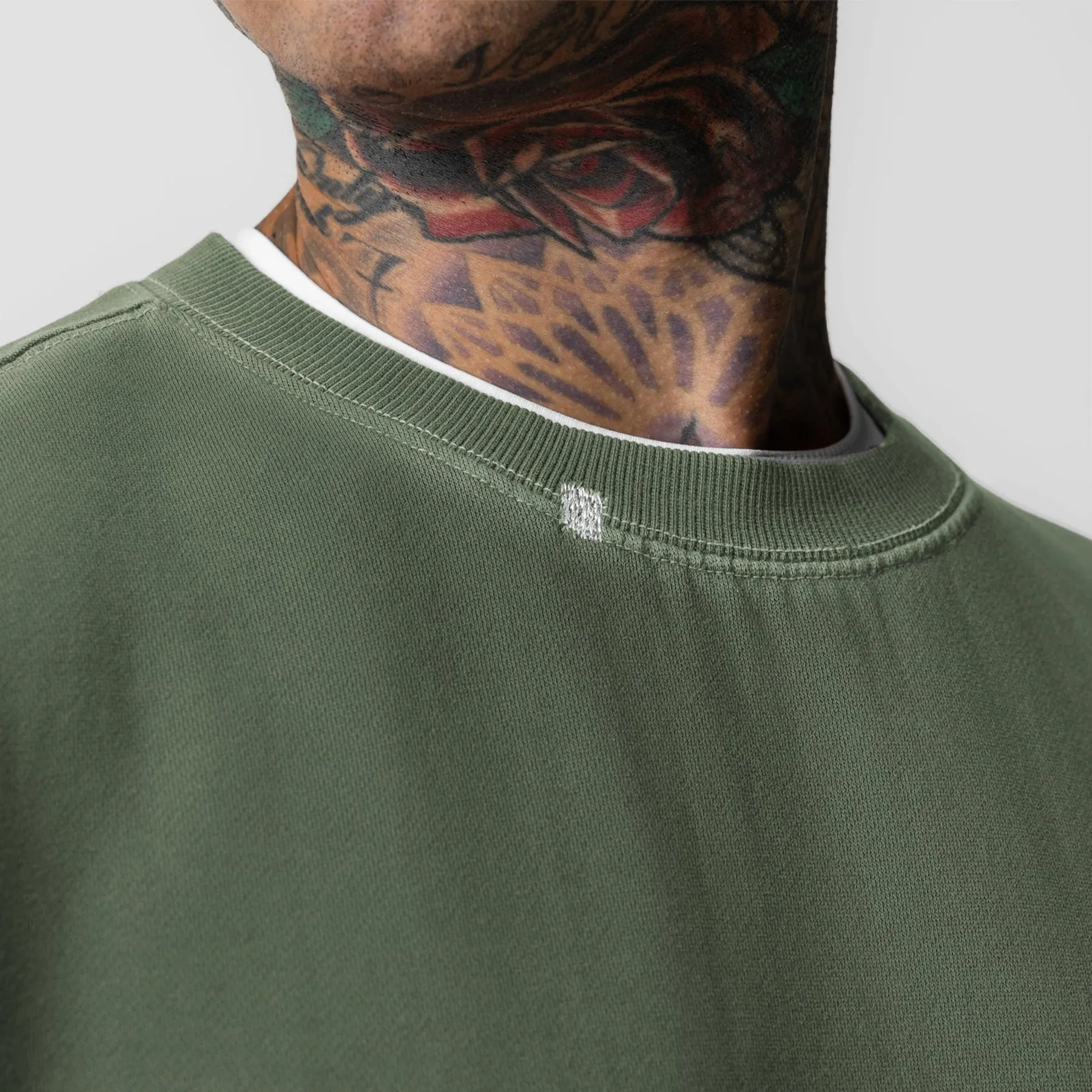 0861. Tech Essential? Distressed Crewneck - Faded Olive Stretch Fabric Technology