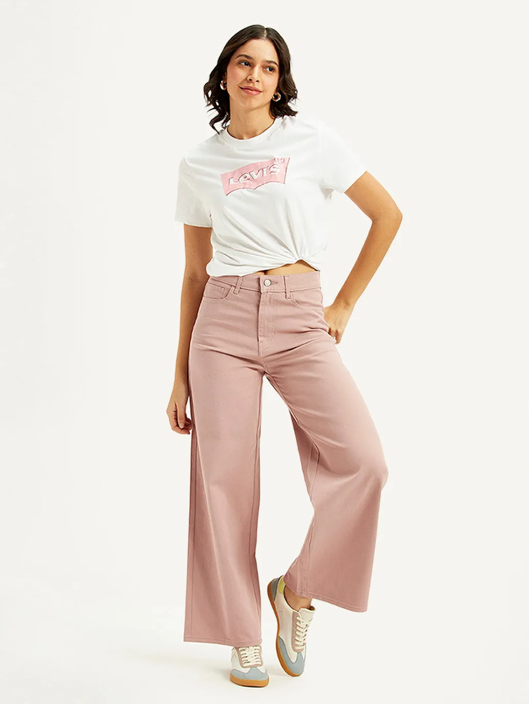 Basic Style Women's Pink Wideleg Fit High Rise Jeans