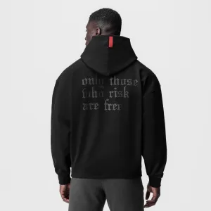 0874. Tech-Terry? Zip Pocket Hoodie - Black/Black "OTWR" Cropped Style Vegan Leather