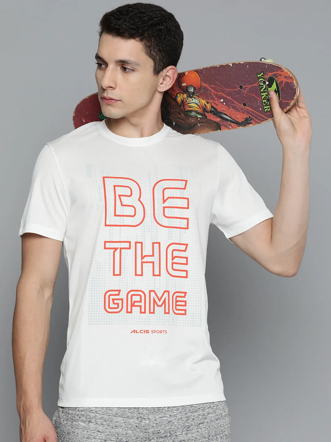 NonSlip Grips AntibacterialFinish Alcis Men White Typography Printed Slim Fit T-shirt