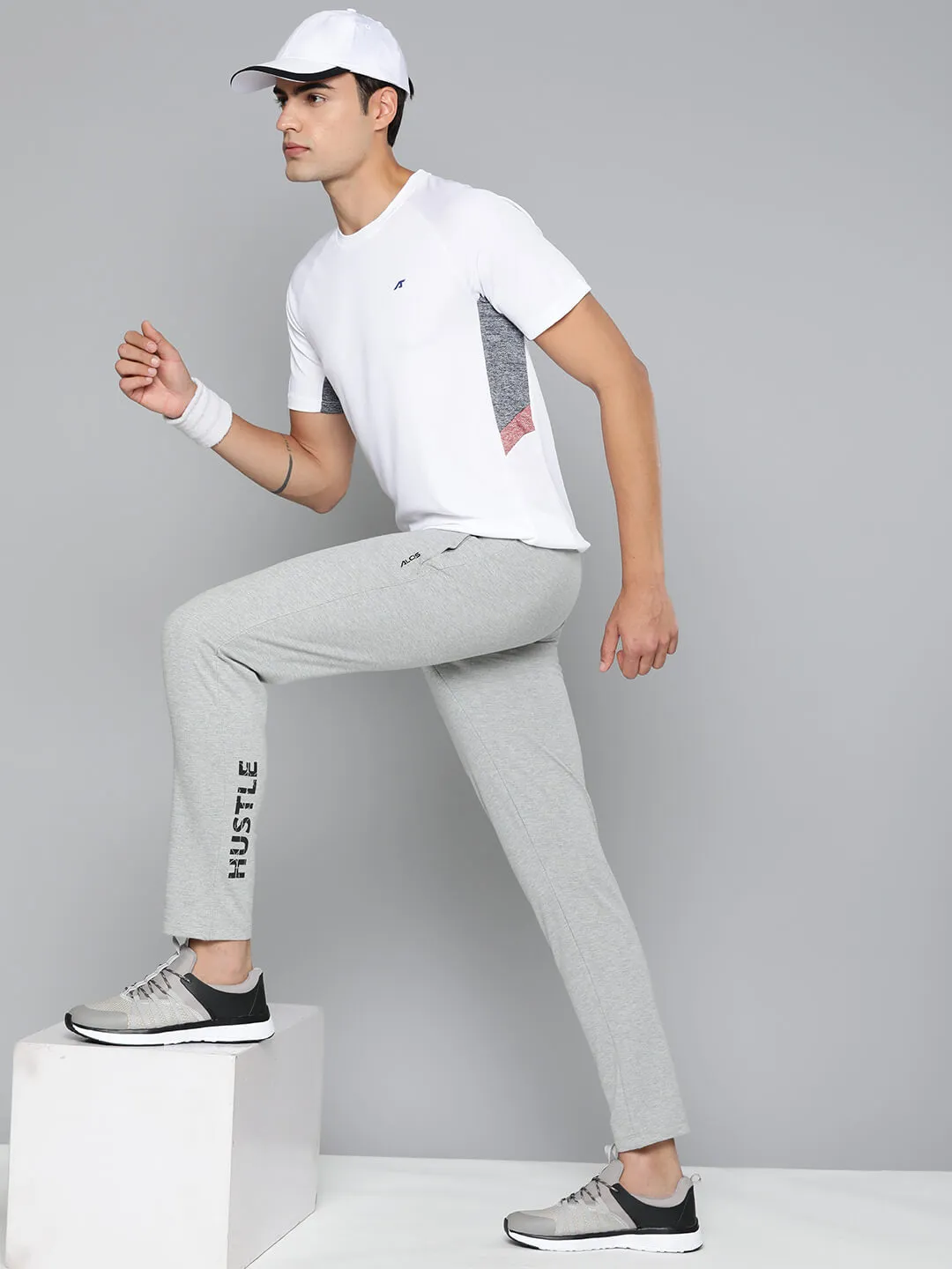 Alcis Men Grey Melange Typography Printed Slim Fit Sports Track Pants Classic Look Outdoor Use