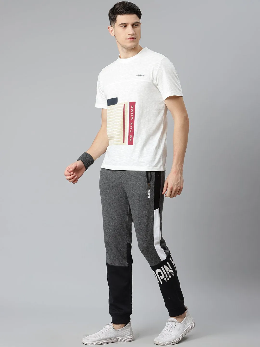 Alcis Men Charcoal Grey & Black Slim Fit Colourblocked Joggers BreathableMaterial