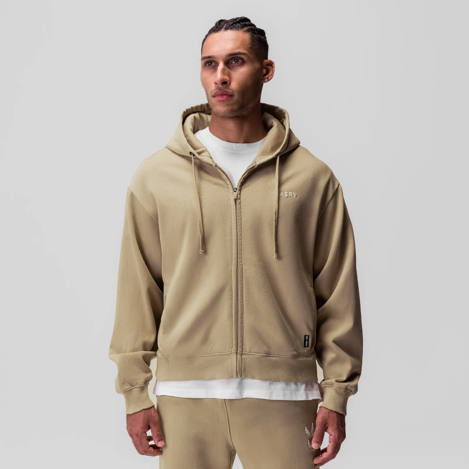 0843. Tech Essential? Distressed Full Zip Hoodie - Khaki Lifestyle Energy