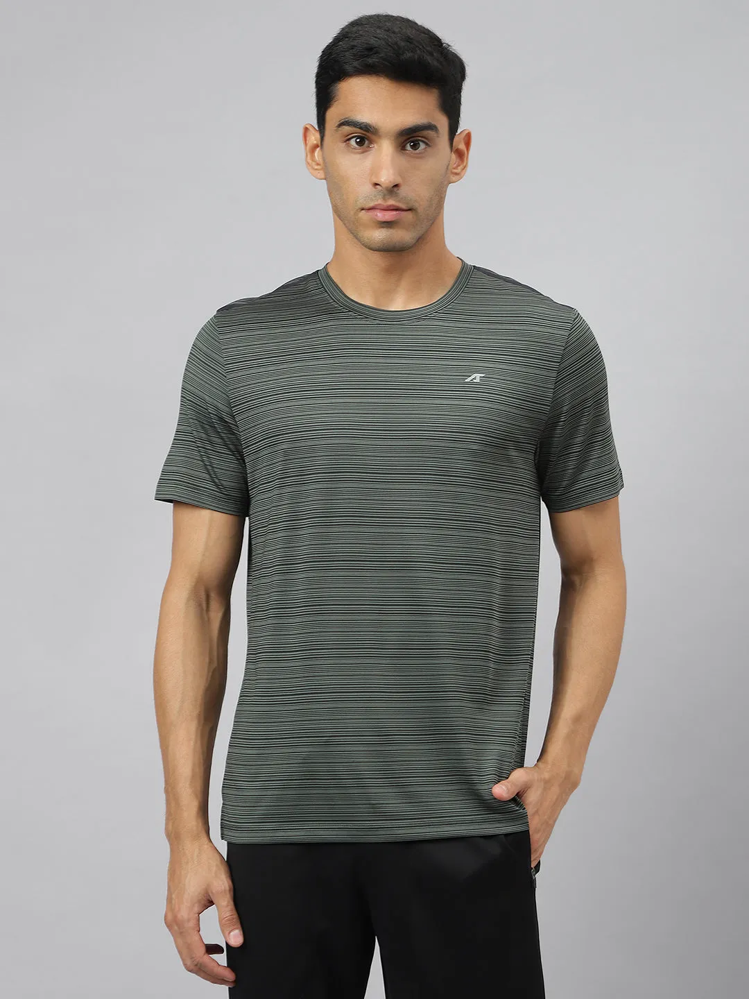 Alcis Men Dark Green Stretch-X Anti-Static Slim-Fit Round Neck Running T-Shirt Airflow Vents