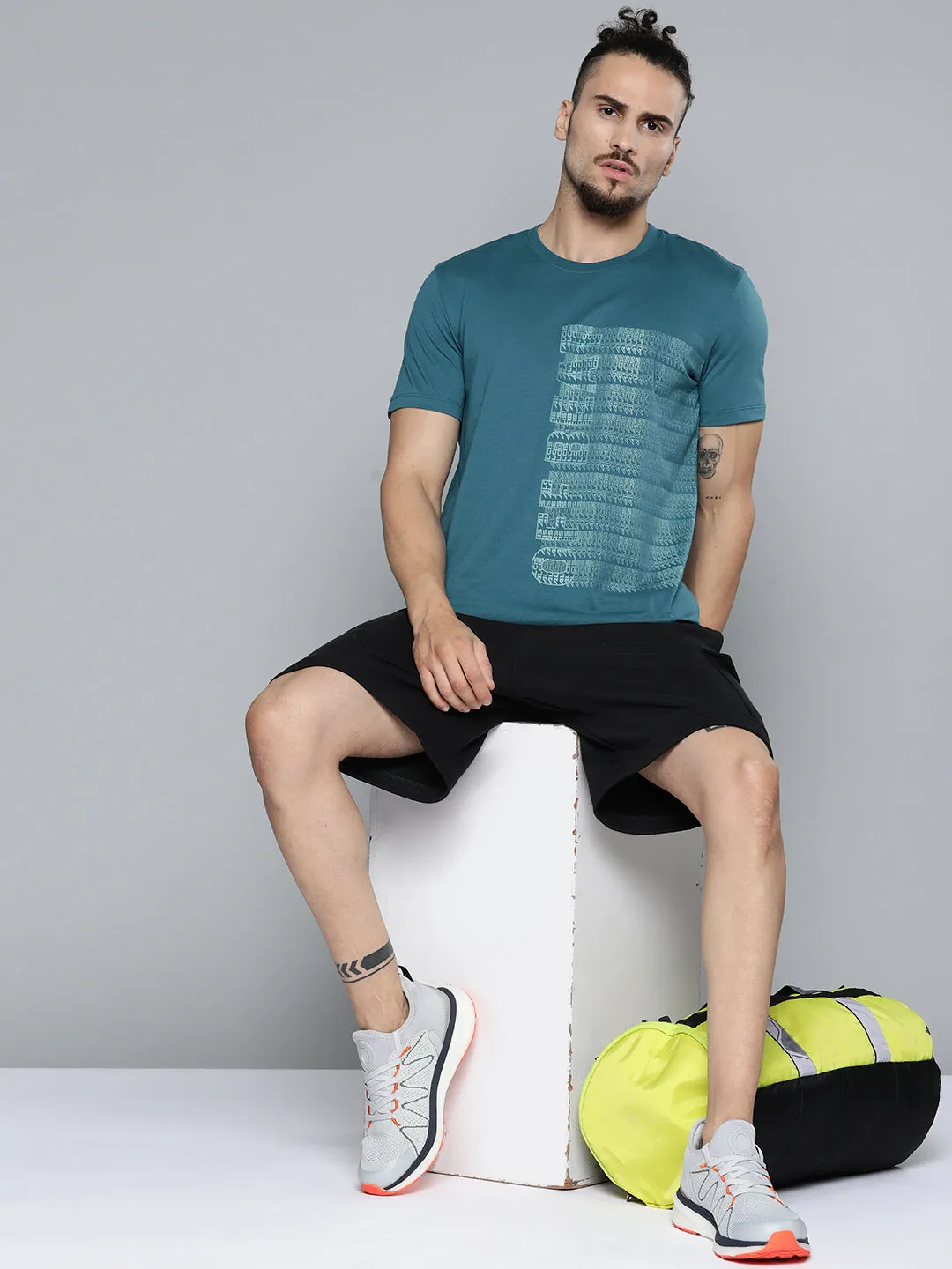 Alcis Men Teal Blue Typography Printed Slim Fit Gym T-shirt FlexibleElasticity