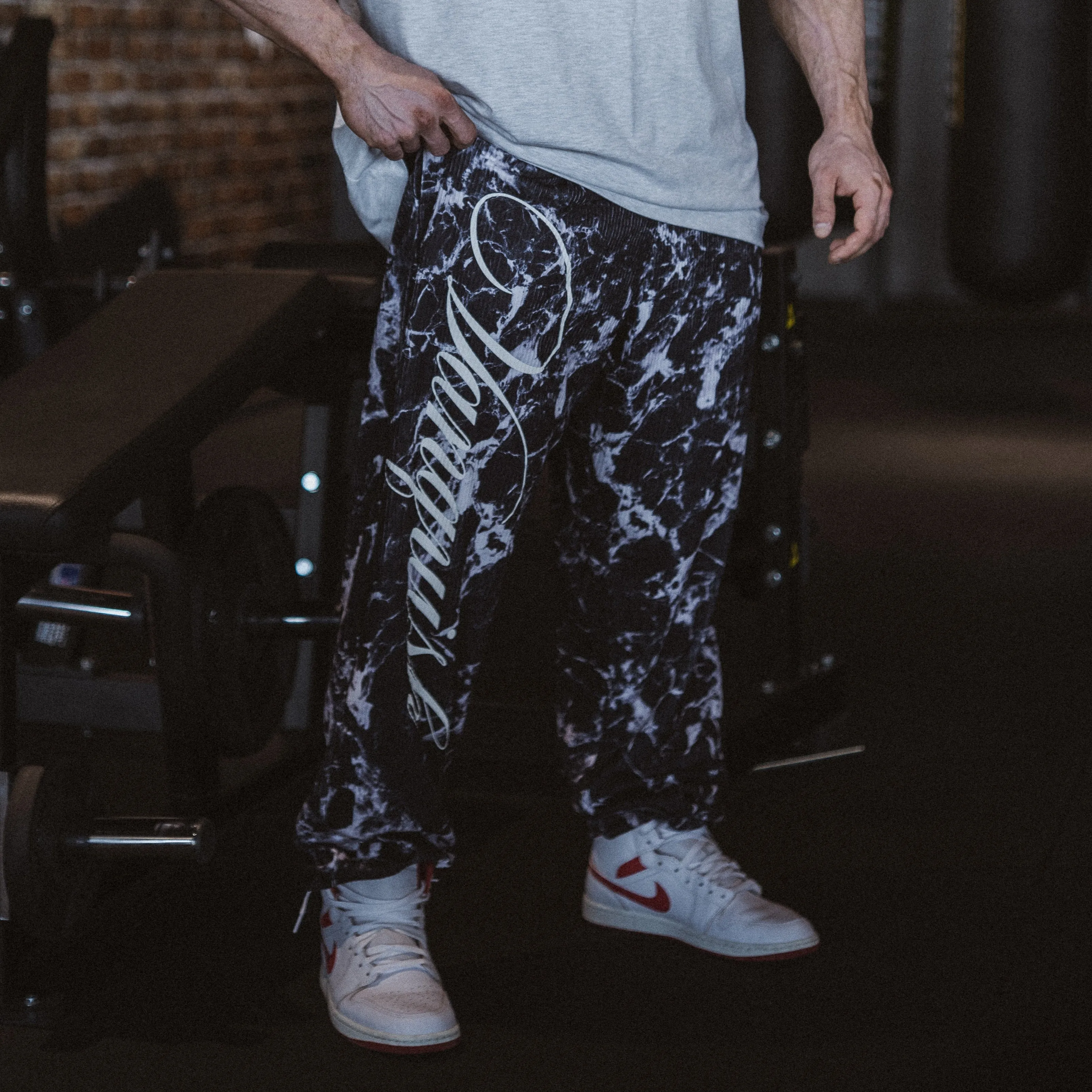 Classic Fit Vanquish x JBeast Black Marble Bodybuilding Baggy Pants
