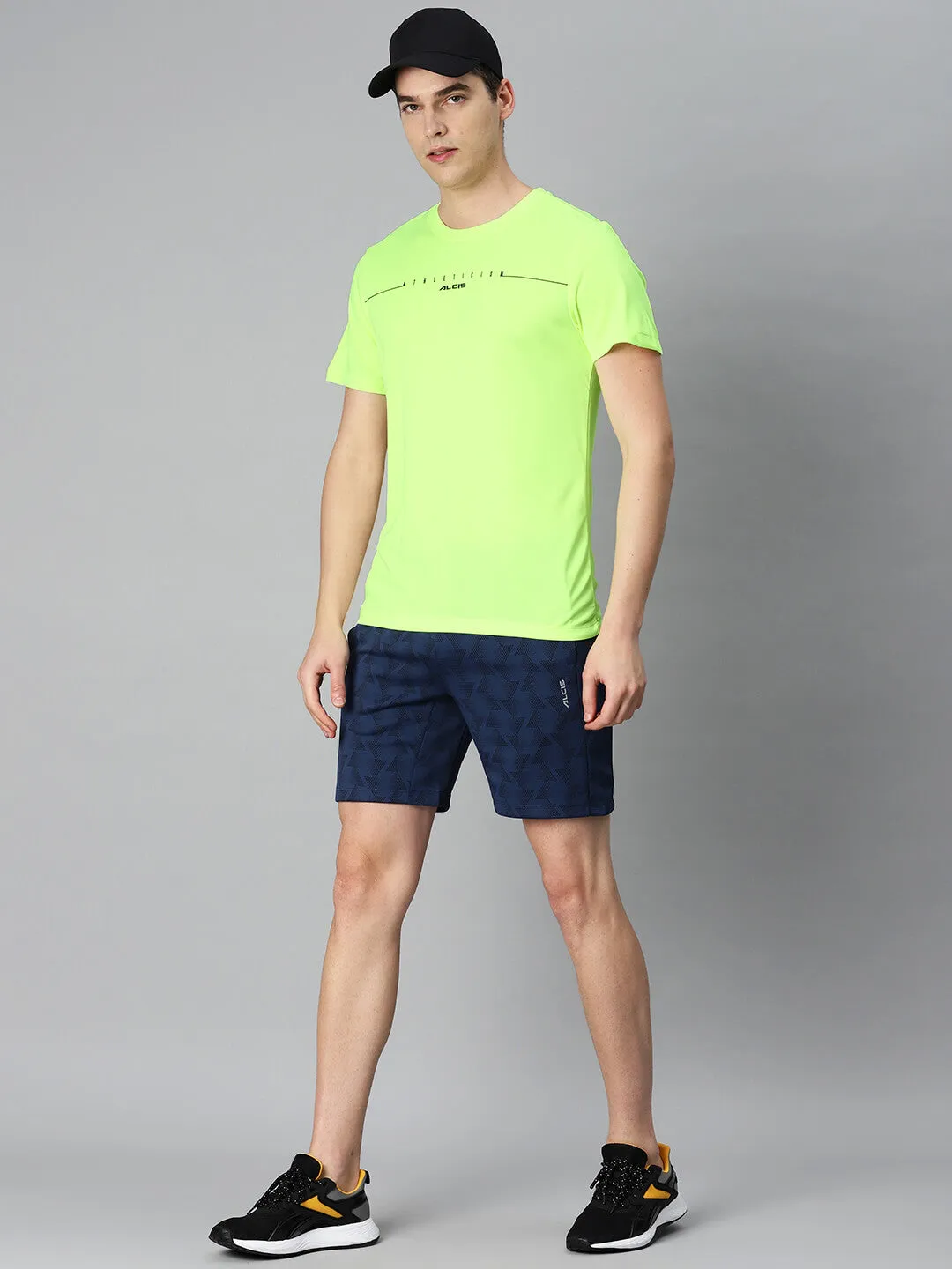 EcoFriendlyProduction Alcis Men Fluorescent Green Typography Printed Anti Static Slim Fit Sports T-shirt
