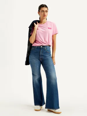 Athlete Fit Modern Autumn Days Perfect Fit Women's Blue Ribcage Bell Bottom Wide Leg Fit High Rise Jeans