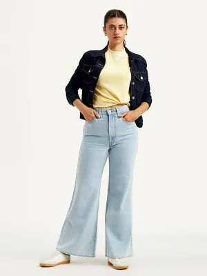 Women's Light Blue Ribcage Bell Bottom Wide Leg Fit High Rise Jeans Layer game Sustainable Creative Look