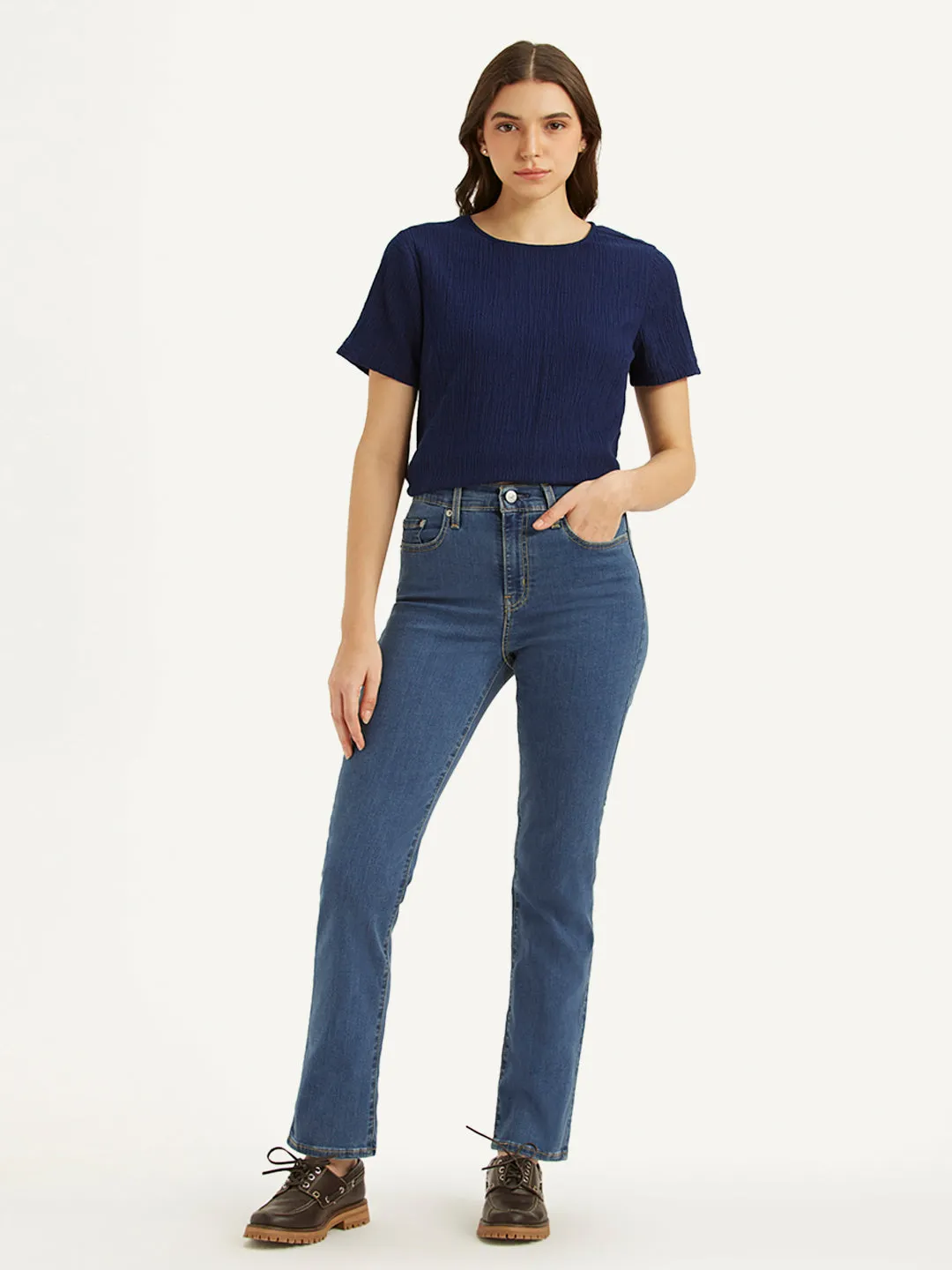 Streetwear Fan Family Style Neutral Smooth Women's 724 Blue Straight Fit High Rise Jeans