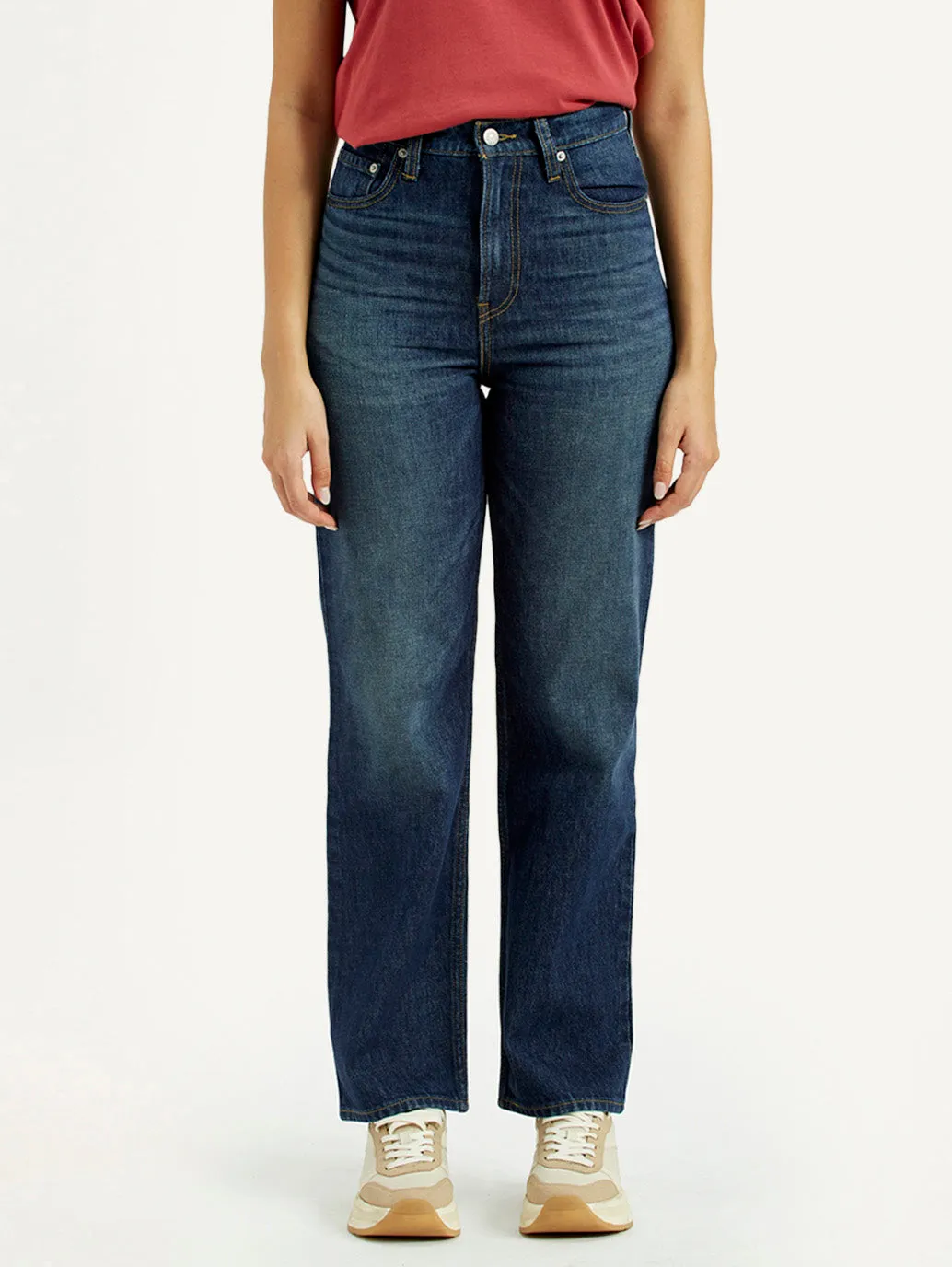 Women's Dark Indigo Ribcage Straight Fit High Rise Jeans Clean Detail Athlete Fit Elegant